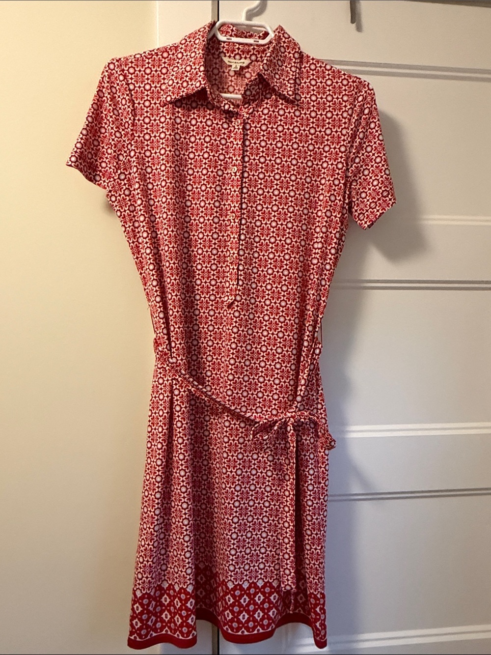 Max Studio Red Printed Short-Sleeve Midi Shirt Dress with Tie